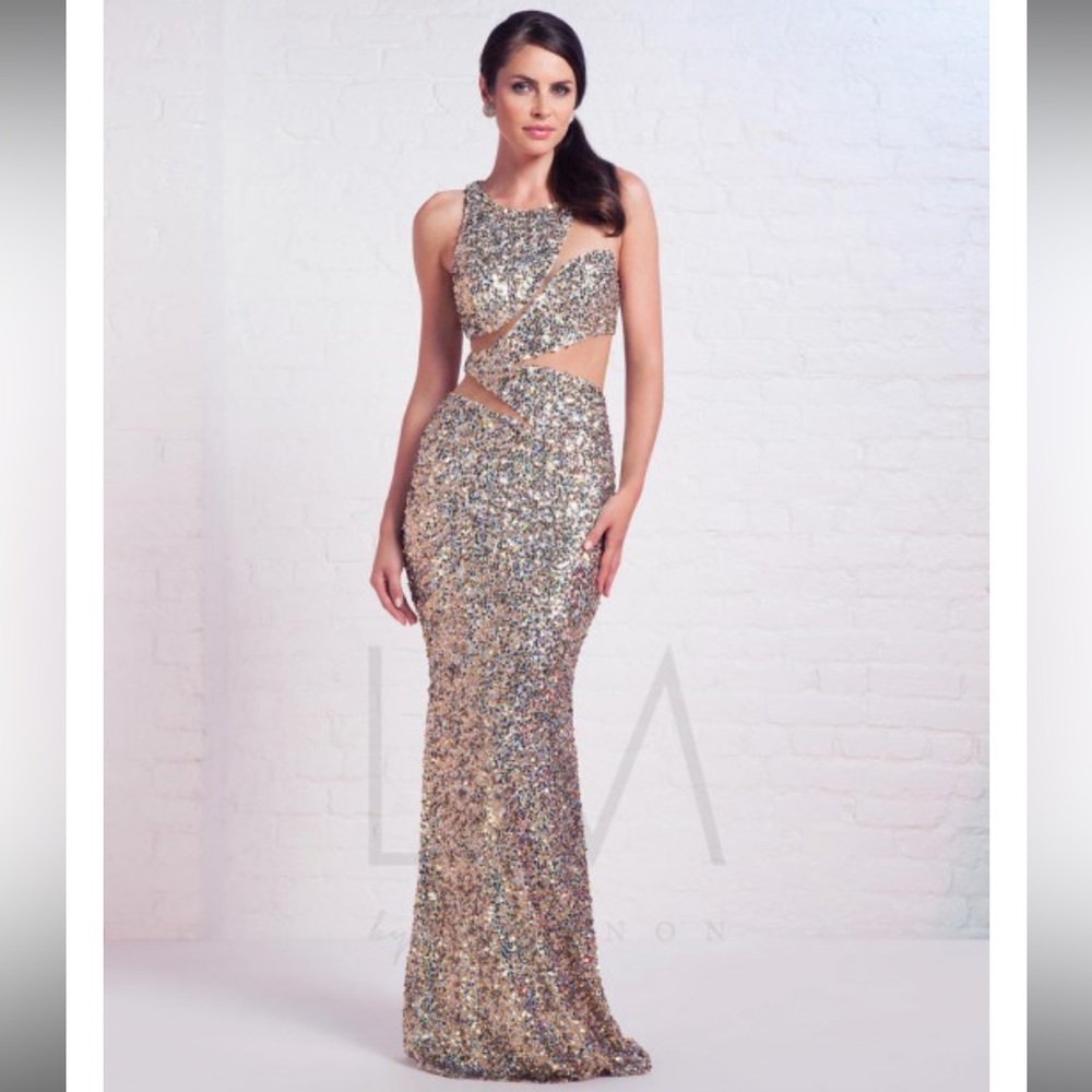 LM By Mignon Sequin Floor Length Mesh Cutout Evening Gown Dress Sz 8 Retail $378